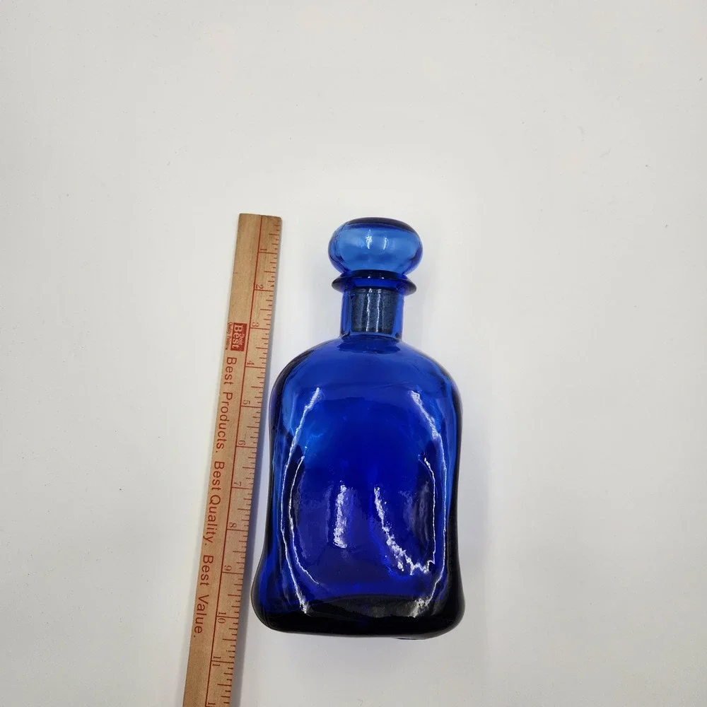 VTG Italian Cobalt Blue Pinched Hand Blown Glass Decanter Ball Stopper Bottle